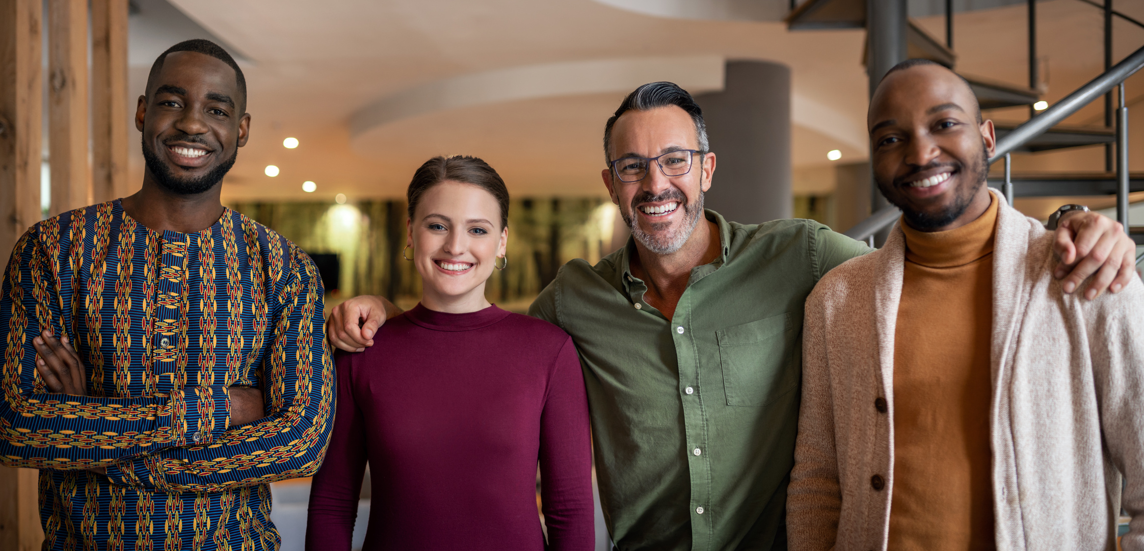 Portrait of diverse South African creative business people. African inspired patern clothing